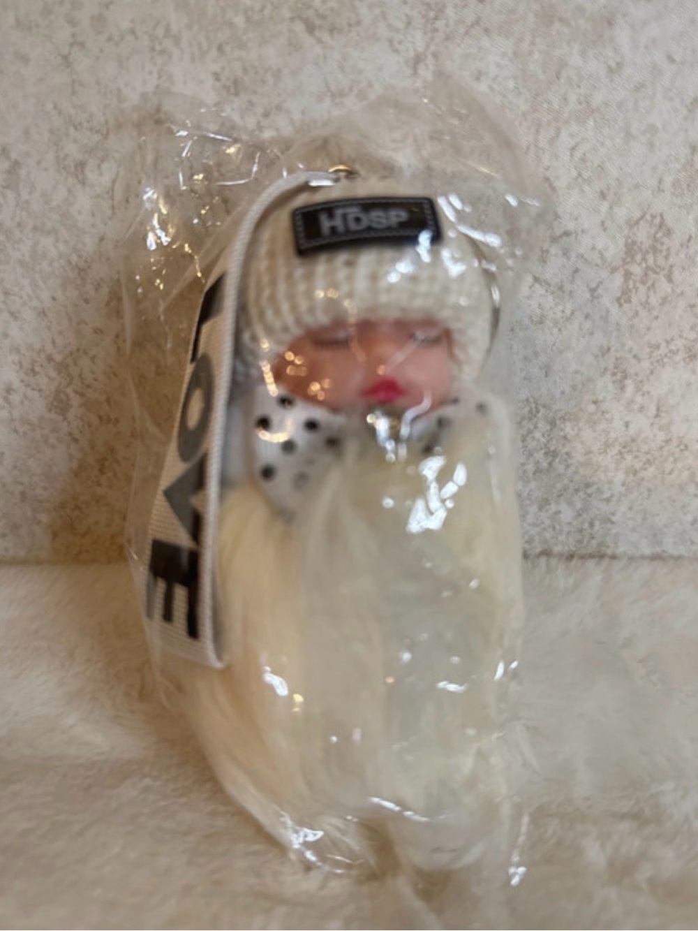 White Furry Pom-Pom Keychain Charm Sleeping Baby